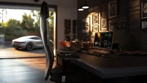 a desk with a computer and a fiberseats one full carbon fiber office chair