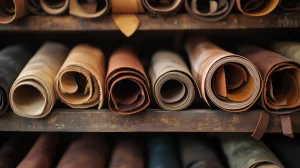 a group of rolls of nappa leather on a shelf